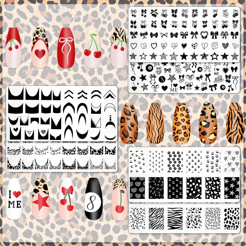 وولاين مجموعة Whaline المكونة من 9 قطع من ألواح ختم فن الأظافر بتصميم الفهد والكرز، تتضمن لوحة فن الأظافر بتصميم الفهد والنجمة والفيونكة والكرز، مثالية للطباعة المنزلية وتصميم الأظافر الفرنسي في صالونات التجميل - Image 3